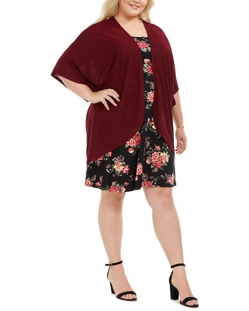 Front of a model wearing a size 1X Love Squared Women's Plus Size Open-Front Jacket & Floral-Print Dress Black Size 1X in Black by Love Squared. | dia_product_style_image_id:312858